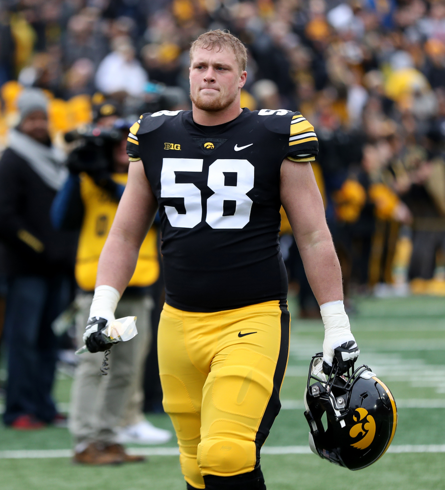 Iowa Hawkeyes offensive lineman Jake Newborg (58) during senior day activities before their game against the Nebraska Cornhuskers Friday, November 23, 2018 at Kinnick Stadium. (Brian Ray/hawkeyesports.com)