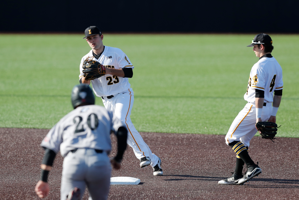 Iowa Hawkeyes infielder Kyle Crowl (23) against Northern Illinois Tuesday, April 17, 2018 at Duane Banks Field. (Brian Ray/hawkeyesports.com)