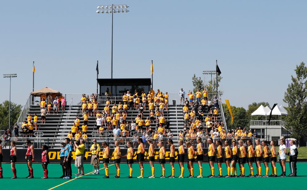 The Iowa Hawkeyes stand for the National Anthem and introductions before their game against Indiana Sunday, September 16, 2018 at Grant Field. (Brian Ray/hawkeyesports.com)