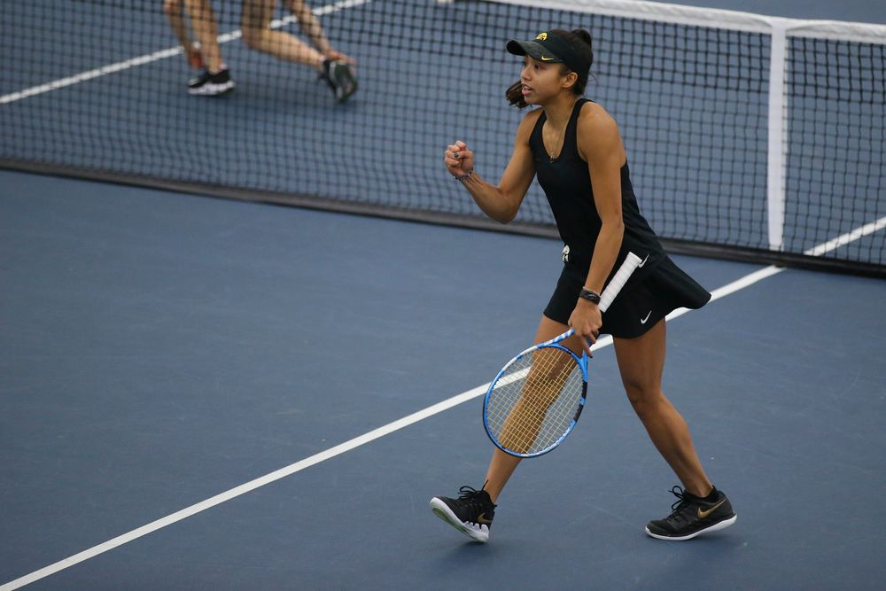 Iowa’s Michelle Bacalla celebrates a point during the Iowa women’s tennis meet vs UNI on Saturday, February 29, 2020 at the Hawkeye Tennis and Recreation Complex. (Lily Smith/hawkeyesports.com)