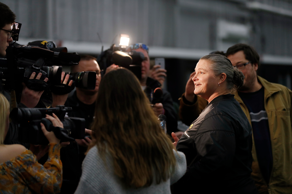 Iowa Head Coach Marla Looper answers questions during the team's annual media day Thursday, February 1, 2018 at the Hawkeye Tennis and Recreation Complex. (Brian Ray/hawkeyesports.com)