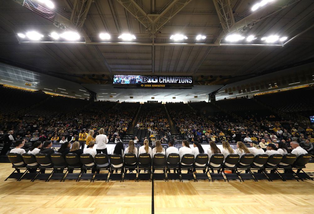 The Iowa Hawkeyes during a celebration of their Big Ten Women's Basketball Tournament championship Monday, March 18, 2019 at Carver-Hawkeye Arena. (Brian Ray/hawkeyesports.com)