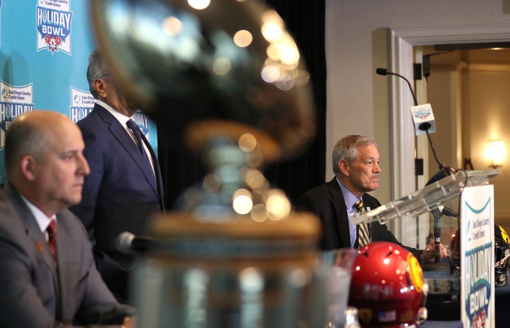 Iowa Hawkeyes head coach Kirk Ferentz answers questions during a press conference leading up to the Holiday Bowl Thursday, December 26, 2019 in San Diego. (Brian Ray/hawkeyesports.com)