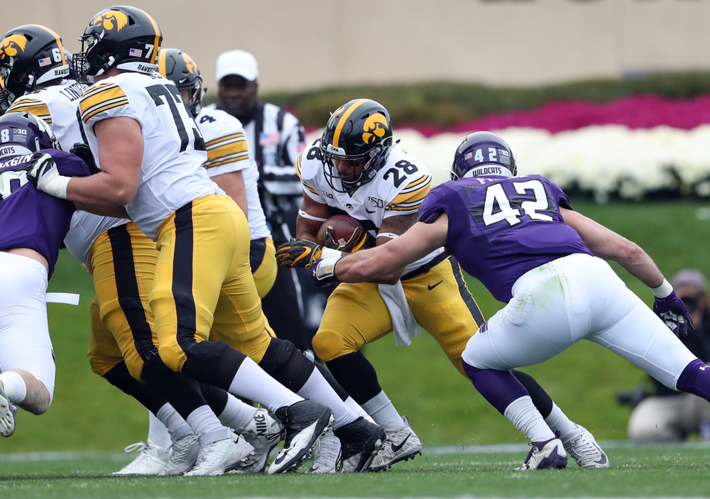 Iowa Hawkeyes running back Toren Young (28) against the Northwestern Wildcats Saturday, October 26, 2019 at Ryan Field in Evanston, Ill. (Brian Ray/hawkeyesports.com)