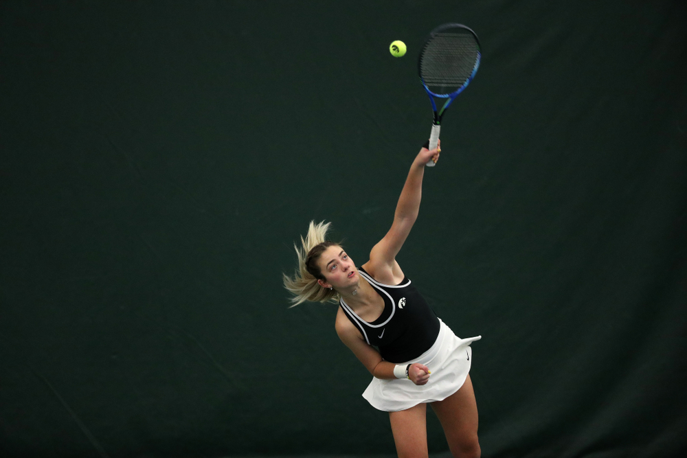 Iowa's Sophie Clark during a doubles match against North Texas Sunday, January 20, 2019 at the Hawkeye Tennis and Recreation Center. (Brian Ray/hawkeyesports.com)