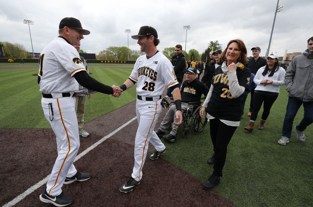 Iowa Hawkeyes Chris Whelan (28) during senior day festivities before their game against Michigan State Sunday, May 12, 2019 at Duane Banks Field. (Brian Ray/hawkeyesports.com)