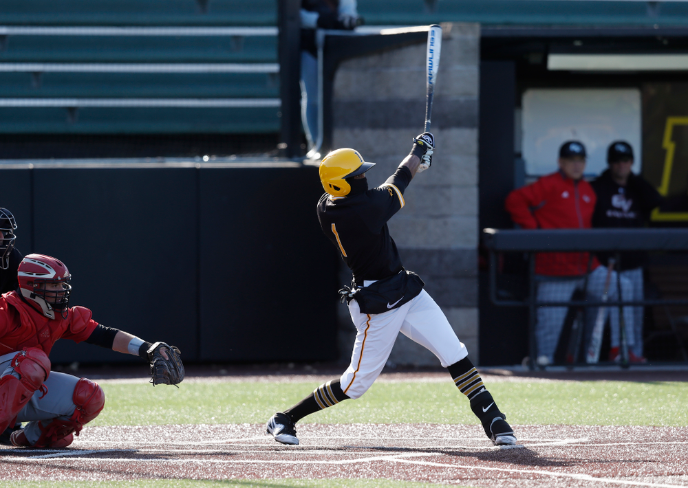 Iowa Hawkeyes third baseman Lorenzo Elion (1) against Grand View Wednesday, April 4, 2018 at Duane Banks Field. (Brian Ray/hawkeyesports.com)