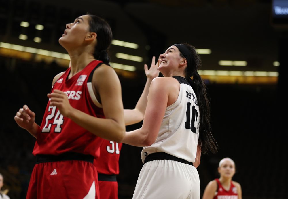 Iowa Hawkeyes forward Megan Gustafson (10) reacts after making a basket and draws a foul against the Nebraska Cornhuskers Thursday, January 3, 2019 at Carver-Hawkeye Arena. (Brian Ray/hawkeyesports.com)