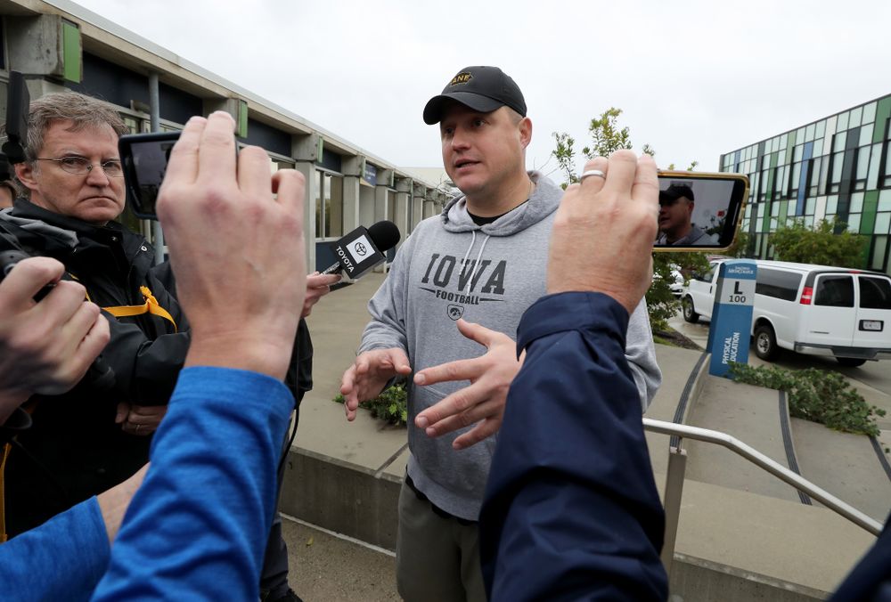 Iowa Hawkeyes offensive coordinator Brian Ferentz answers questions from reporters following practice Monday, December 23, 2019 at Mesa College in San Diego. (Brian Ray/hawkeyesports.com)