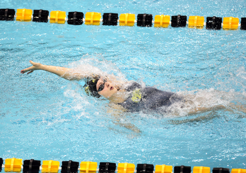 IowaÕs Emilia Sansome swims the 200 yard backstroke against the Michigan Wolverines Friday, November 1, 2019 at the Campus Recreation and Wellness Center. (Brian Ray/hawkeyesports.com)