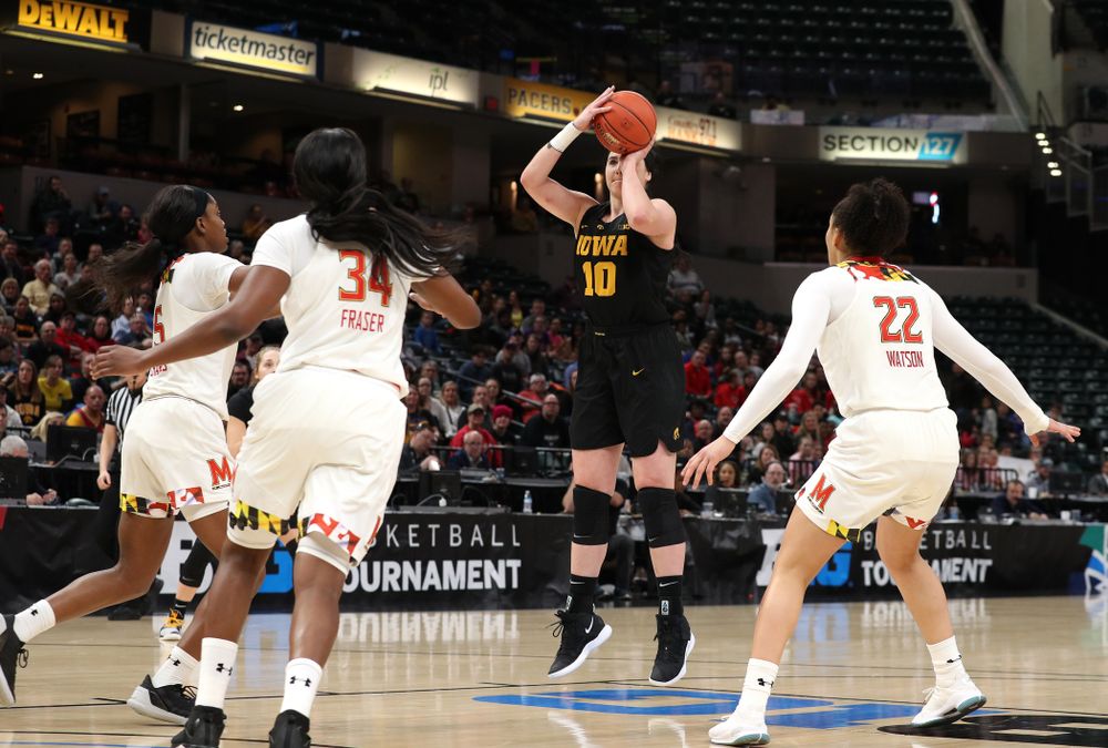Iowa Hawkeyes forward Megan Gustafson (10) against the Maryland Terrapins Sunday, March 10, 2019 at Bankers Life Fieldhouse in Indianapolis, Ind. (Brian Ray/hawkeyesports.com)
