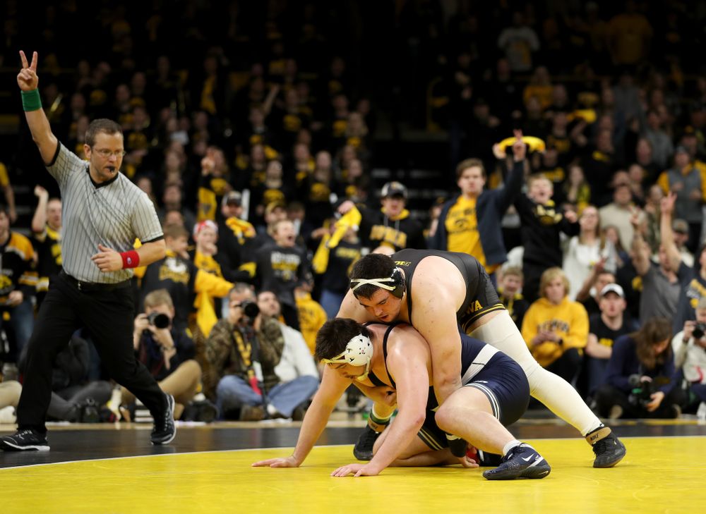 Iowa’s Tony Cassioppi wrestles Penn State’s Seth Nevills at heavyweight Friday, January 31, 2020 at Carver-Hawkeye Arena. Cassioppi won the match 6-0. (Brian Ray/hawkeyesports.com)