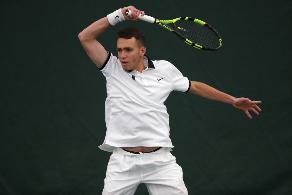 Iowa's Kareem Allaf against North Dakota Friday, January 25, 2019 at the Hawkeye Tennis and Recreation Complex. (Brian Ray/hawkeyesports.com)