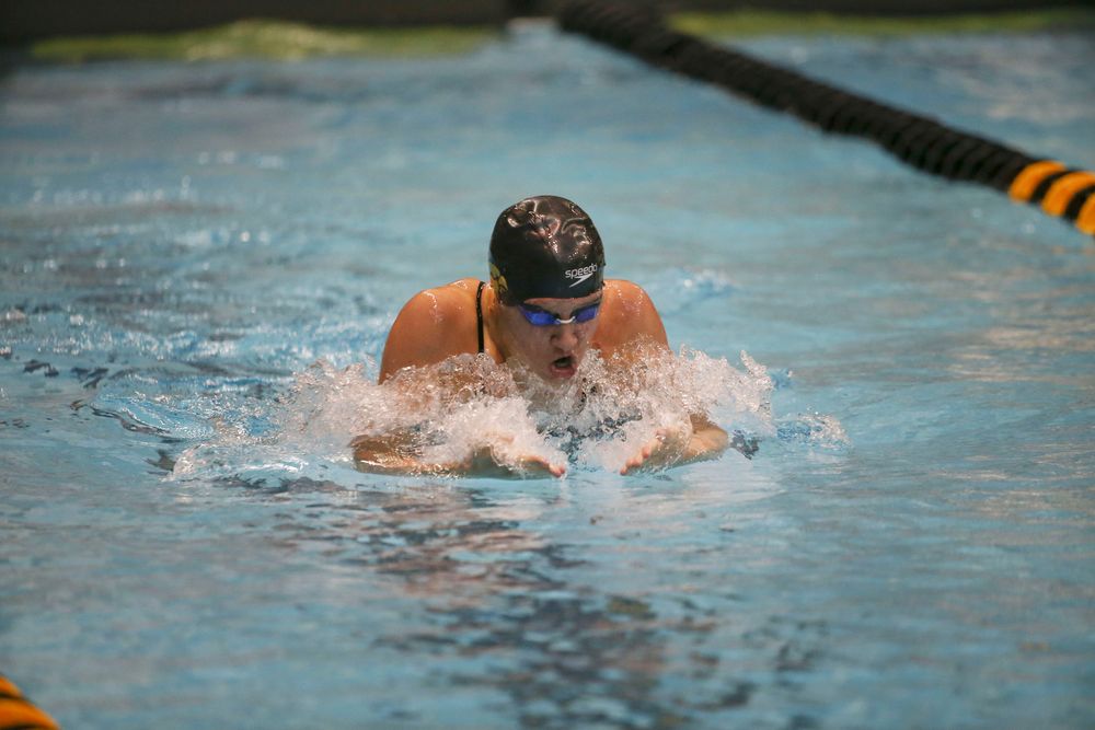 Iowa’s Sage Ohlensehlen swims the 200-yard breaststroke during the Iowa swimming and diving meet vs Notre Dame and Illinois on Saturday, January 11, 2020 at the Campus Recreation and Wellness Center. (Lily Smith/hawkeyesports.com)
