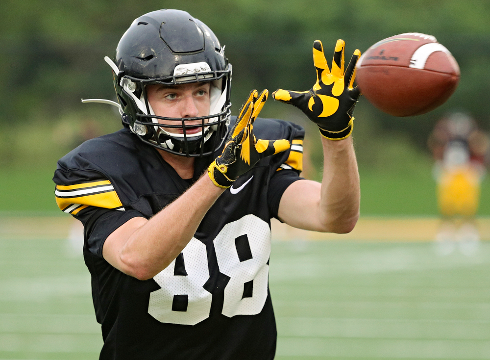 Iowa Hawkeyes tight end Jackson Frericks (88) pulls in a pass durning Fall Camp Practice No. 17 at the Hansen Football Performance Center in Iowa City on Wednesday, Aug 21, 2019. (Stephen Mally/hawkeyesports.com)