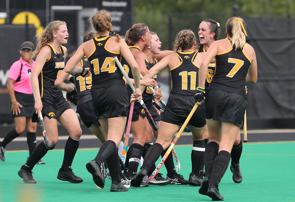 Iowa Hawkeyes defenseman Anthe Nijziel (6) celebrates after scoring against the Duke Blue Devils Sunday, September 15, 2019 at Grant Field. (Brian Ray/hawkeyesports.com)