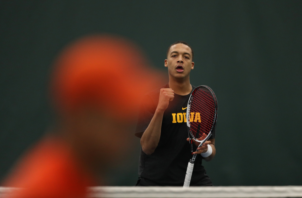 Oliver Okonkwo against the Miami Hurricanes Friday, February 8, 2019 at the Hawkeye Tennis and Recreation Complex. (Brian Ray/hawkeyesports.com)