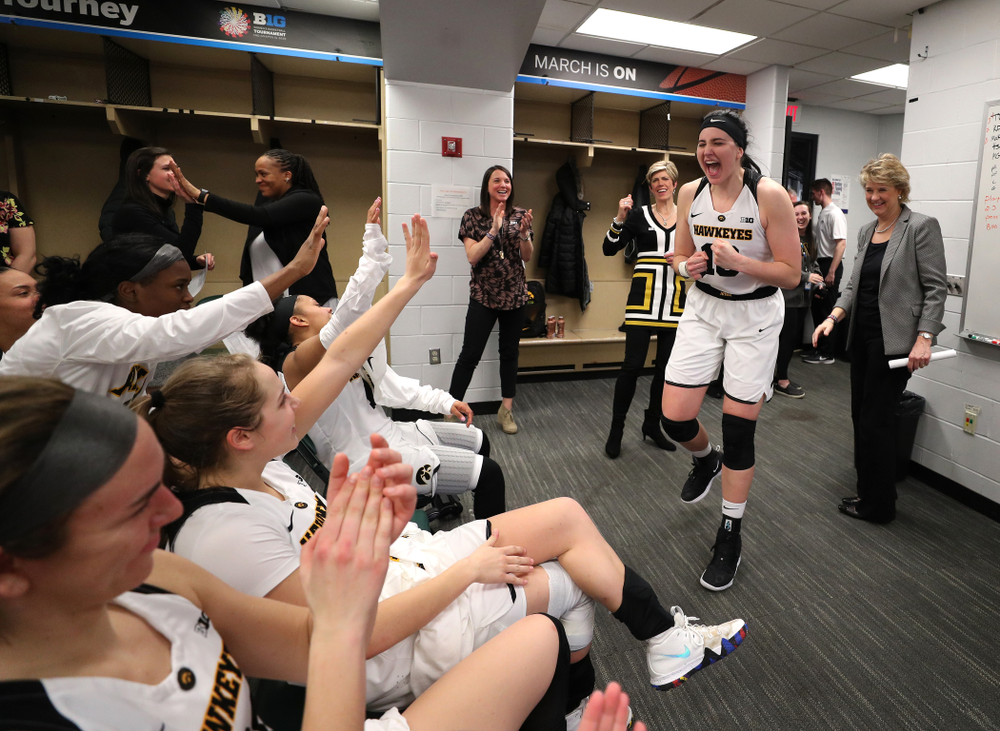 Iowa Hawkeyes forward Megan Gustafson (10) against the Indiana Hoosiers in the quarterfinals of the Big Ten Tournament Friday, March 8, 2019 at Bankers Life Fieldhouse in Indianapolis, Ind. (Brian Ray/hawkeyesports.com)