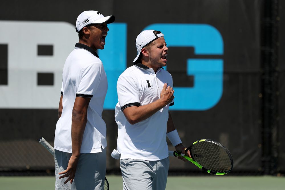 IowaÕs Oliver Okonkwo and Will Davies play a doubles match against the Michigan Wolverines Sunday, April 21, 2019 at the Hawkeye Tennis and Recreation Complex. (Brian Ray/hawkeyesports.com)