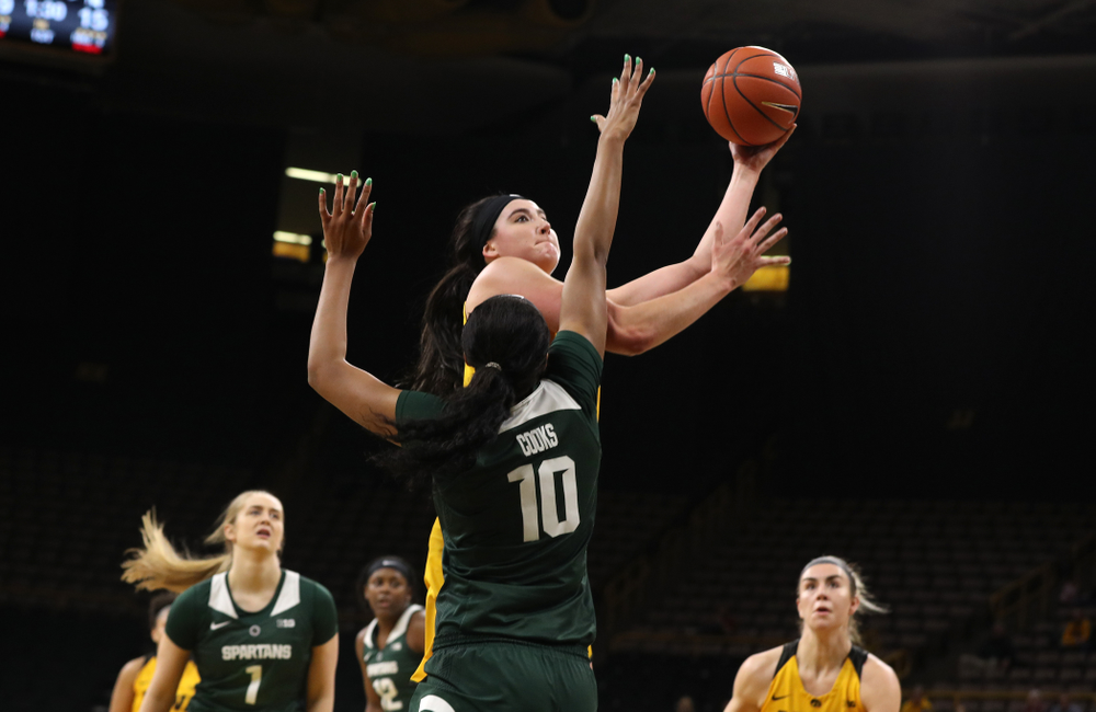 Iowa Hawkeyes forward Megan Gustafson (10) against the Michigan State Spartans Thursday, February 7, 2019 at Carver-Hawkeye Arena. (Brian Ray/hawkeyesports.com)