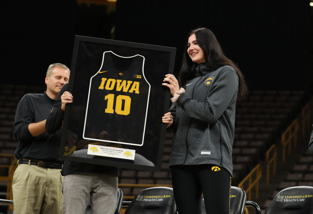 Henry B. and Patricia B. Tippie Director of Athletics Chair announces that the jersey of Iowa Hawkeyes forward Megan Gustafson (10) will be retired at a ceremony next season during the teamÕs Celebr-Eight event Wednesday, April 24, 2019 at Carver-Hawkeye Arena. (Brian Ray/hawkeyesports.com)