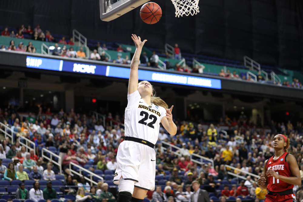 Iowa Hawkeyes guard Kathleen Doyle (22) against the NC State Wolfpack in the regional semi-final of the 2019 NCAA Women's College Basketball Tournament Saturday, March 30, 2019 at Greensboro Coliseum in Greensboro, NC.(Brian Ray/hawkeyesports.com)