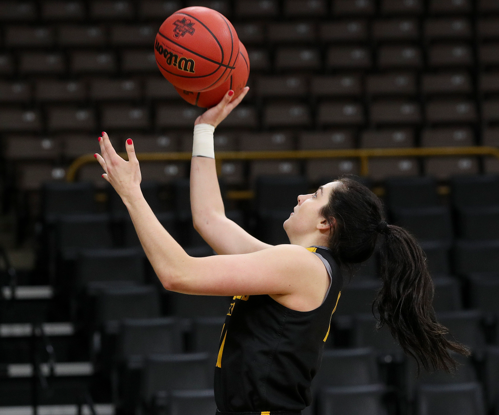 Iowa Hawkeyes forward Megan Gustafson (10) runs a drill for ESPN at a practice during the 2019 NCAA Women's Basketball Tournament at Carver Hawkeye Arena in Iowa City on Saturday, Mar. 23, 2019. (Stephen Mally for hawkeyesports.com)
