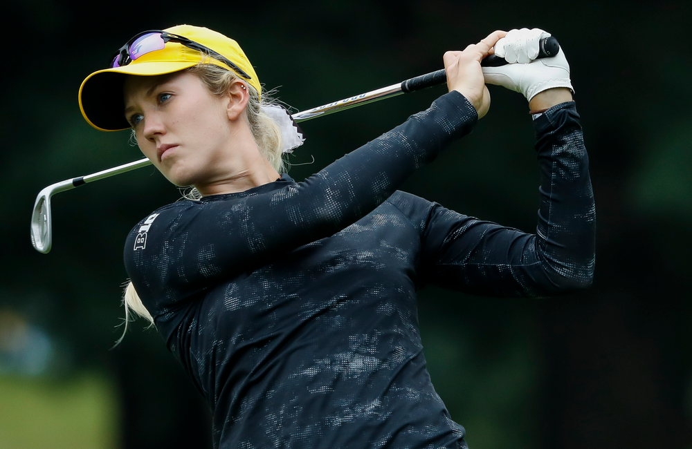 Iowa's Shawn Rennegarbe tees off during the final round of the Diane Thomason Invitational at Finkbine Golf Course on September 30, 2018. (Tork Mason/hawkeyesports.com)