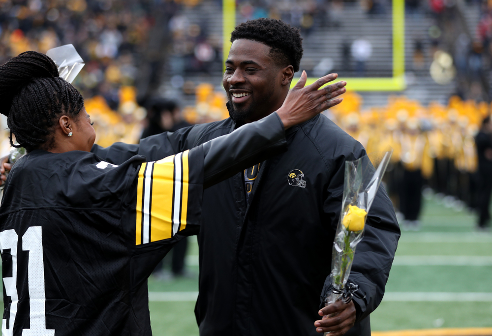 Iowa Hawkeyes linebacker Aaron Mends (31) during senior day activities before their game against the Nebraska Cornhuskers Friday, November 23, 2018 at Kinnick Stadium. (Brian Ray/hawkeyesports.com)