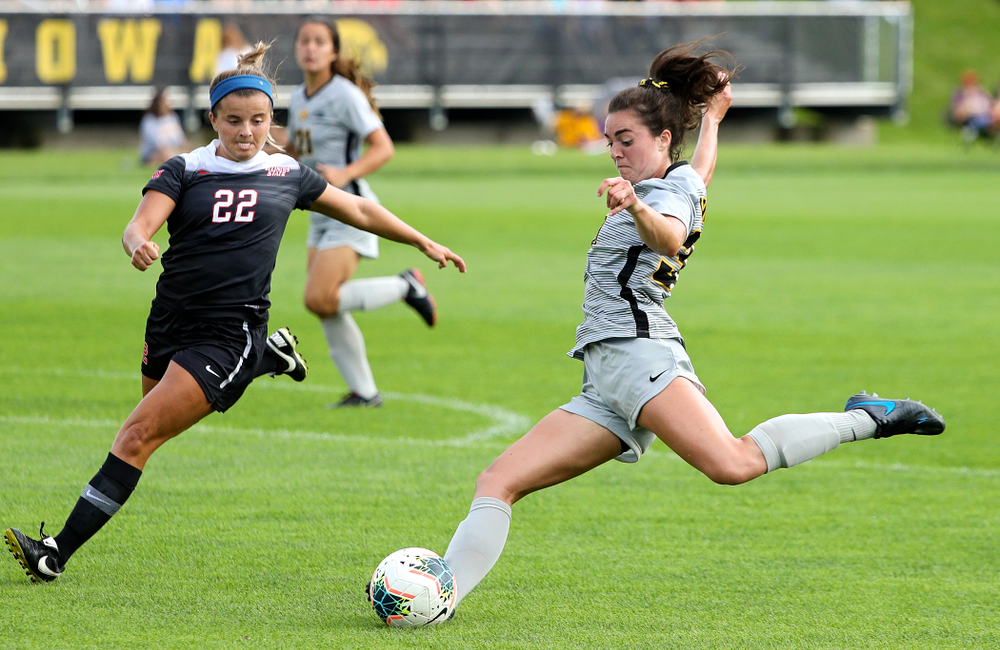 Iowa forward Devin Burns (30) lines up a shot during the first half of their match at the Iowa Soccer Complex in Iowa City on Sunday, Sep 1, 2019. (Stephen Mally/hawkeyesports.com)