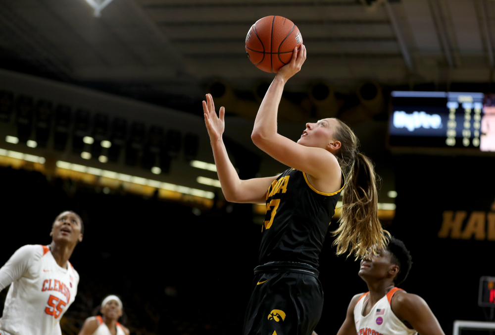Iowa Hawkeyes forward Amanda Ollinger (43) against Clemson Wednesday, December 4, 2019 at Carver-Hawkeye Arena. (Brian Ray/hawkeyesports.com)