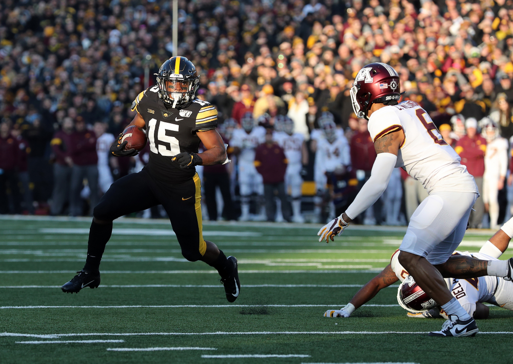 Iowa Hawkeyes running back Tyler Goodson (15) scores against the Minnesota Golden Gophers Saturday, November 16, 2019 at Kinnick Stadium. (Brian Ray/hawkeyesports.com)