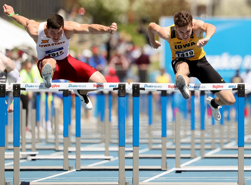 Iowa's Chris Douglas runs the men's 110 meter hurdles event during the second day of the Drake Relays at Drake Stadium in Des Moines on Friday, Apr. 26, 2019. (Stephen Mally/hawkeyesports.com)