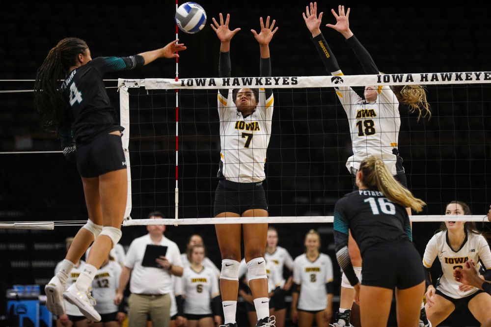 Iowa Hawkeyes setter Brie Orr (7) and Iowa Hawkeyes middle blocker Hannah Clayton (18) against Coastal Carolina Friday, September 20, 2019 at Carver-Hawkeye Arena. (Lily Smith/hawkeyesports.com)