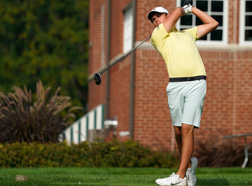 Iowa’s Garrett Tighe tees off during the third day of the Golfweek Conference Challenge at the Cedar Rapids Country Club in Cedar Rapids on Tuesday, Sep 17, 2019. (Stephen Mally/hawkeyesports.com)
