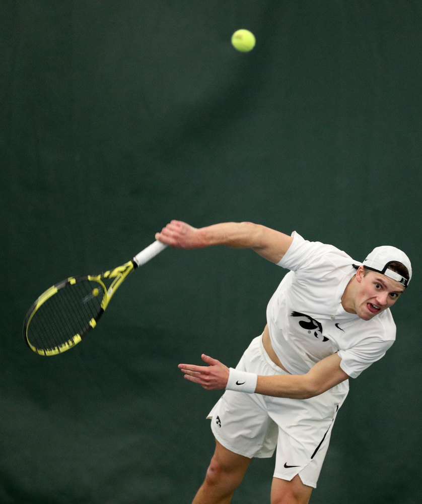 Iowa’s Joe Tyler against Cornell Sunday, March 8, 2020 at the Hawkeye Tennis and Recreation Center. (Brian Ray/hawkeyesports.com)
