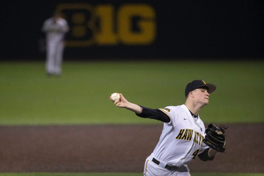 Iowa pitcher Trace Hoffman at game 1 vs Rutgers on Friday, April 5, 2019 at Duane Banks Field. (Lily Smith/hawkeyesports.com)