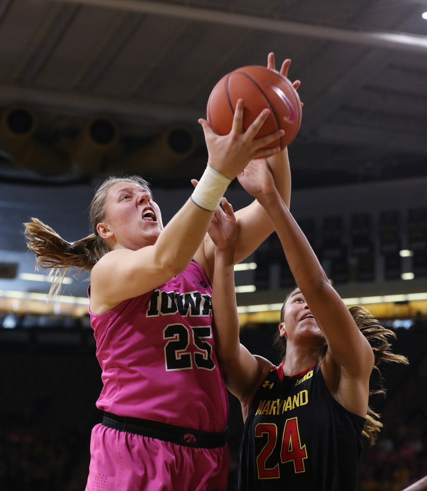 Iowa Hawkeyes forward/center Monika Czinano (25) against the seventh ranked Maryland Terrapins Sunday, February 17, 2019 at Carver-Hawkeye Arena. (Brian Ray/hawkeyesports.com)