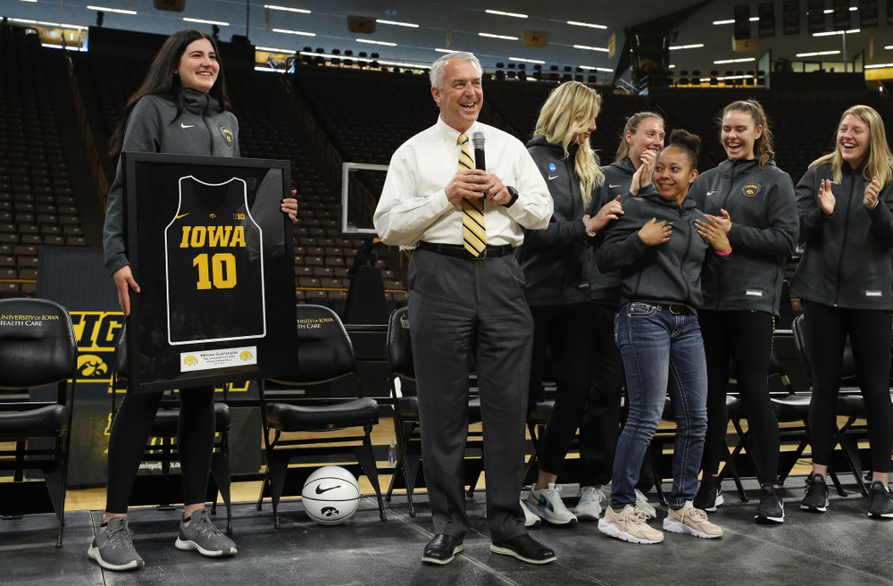 Henry B. and Patricia B. Tippie Director of Athletics Chair announces that the jersey of Iowa Hawkeyes forward Megan Gustafson (10) will be retired at a ceremony next season during the teamÕs Celebr-Eight event Wednesday, April 24, 2019 at Carver-Hawkeye Arena. (Brian Ray/hawkeyesports.com)