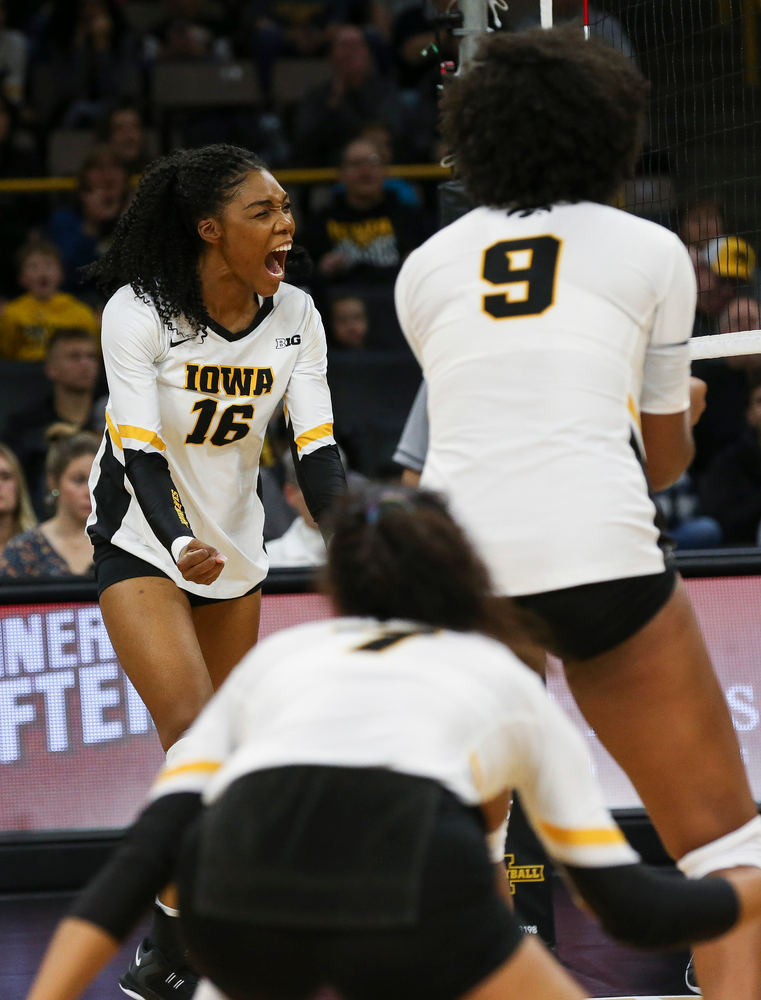 Iowa Hawkeyes outside hitter Taylor Louis (16) reacts after a kill during a game against Purdue at Carver-Hawkeye Arena on October 13, 2018. (Tork Mason/hawkeyesports.com)