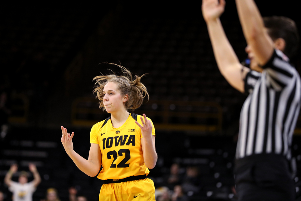 Iowa Hawkeyes guard Kathleen Doyle (22) against the Michigan State Spartans Thursday, February 7, 2019 at Carver-Hawkeye Arena. (Brian Ray/hawkeyesports.com)