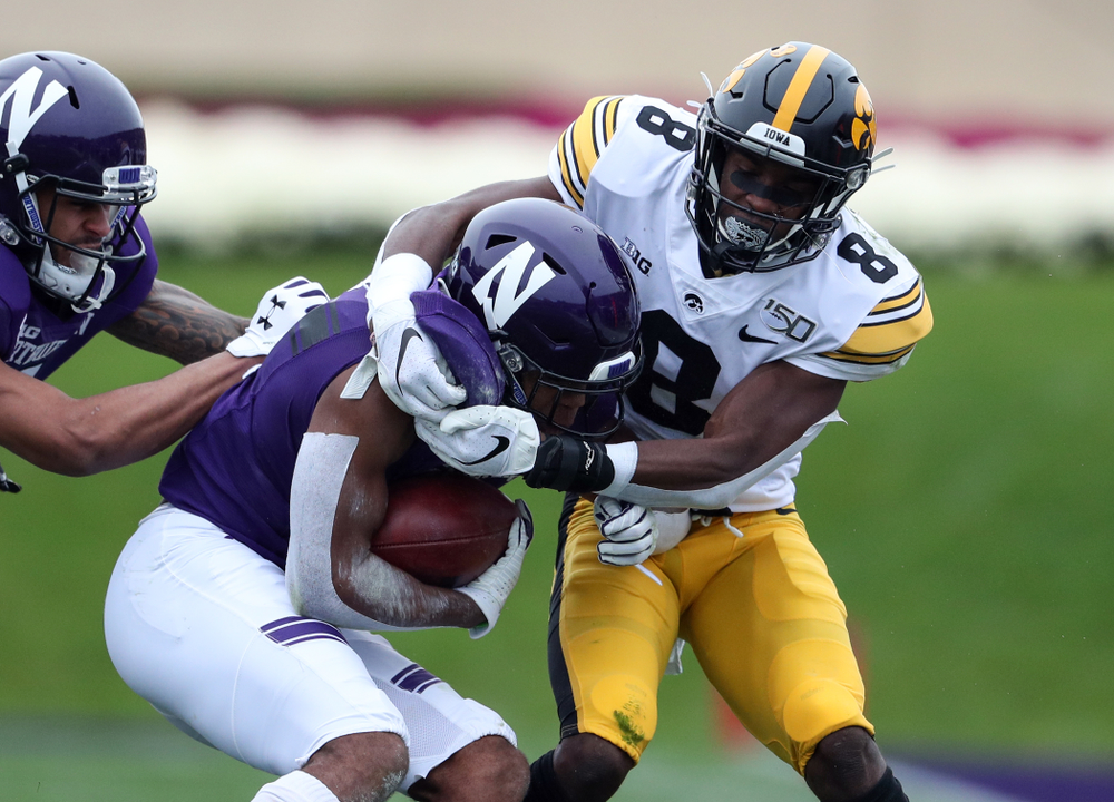 Iowa Hawkeyes defensive back Matt Hankins (8) against the Northwestern Wildcats Saturday, October 26, 2019 at Ryan Field in Evanston, Ill. (Brian Ray/hawkeyesports.com)