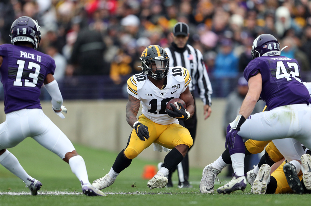 Iowa Hawkeyes running back Mekhi Sargent (10) against the Northwestern Wildcats Saturday, October 26, 2019 at Ryan Field in Evanston, Ill. (Brian Ray/hawkeyesports.com)