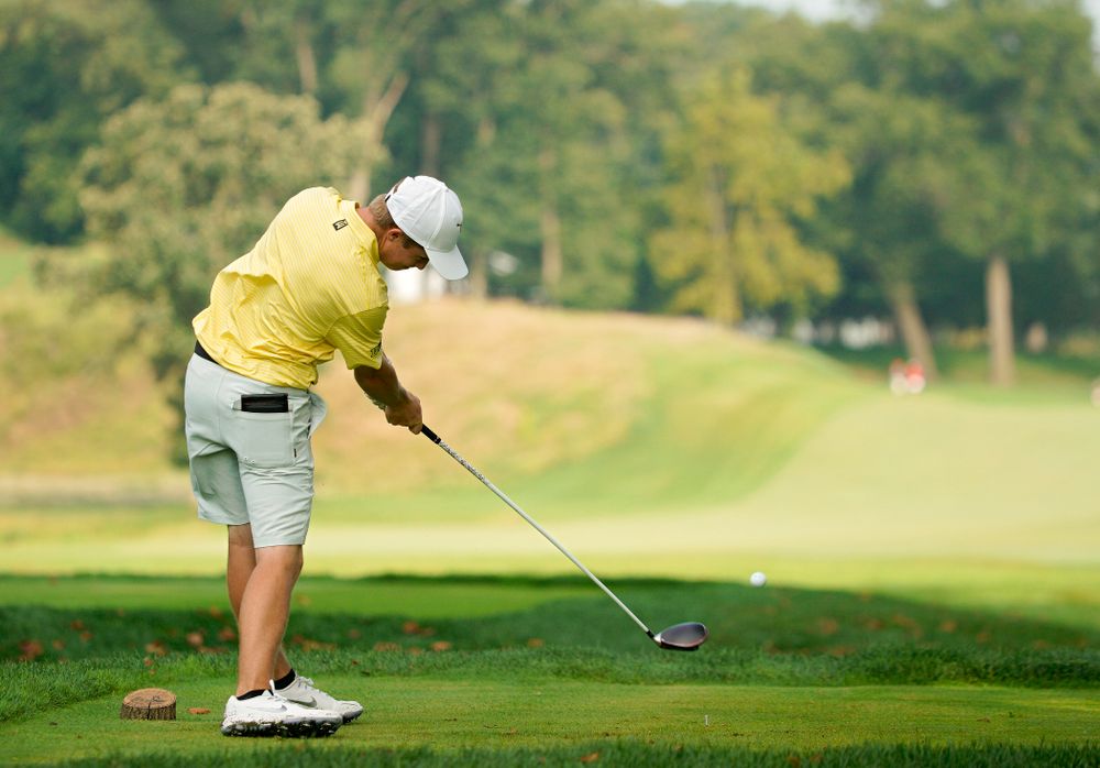 Iowa’s Matthew Garside tees off during the third day of the Golfweek Conference Challenge at the Cedar Rapids Country Club in Cedar Rapids on Tuesday, Sep 17, 2019. (Stephen Mally/hawkeyesports.com)