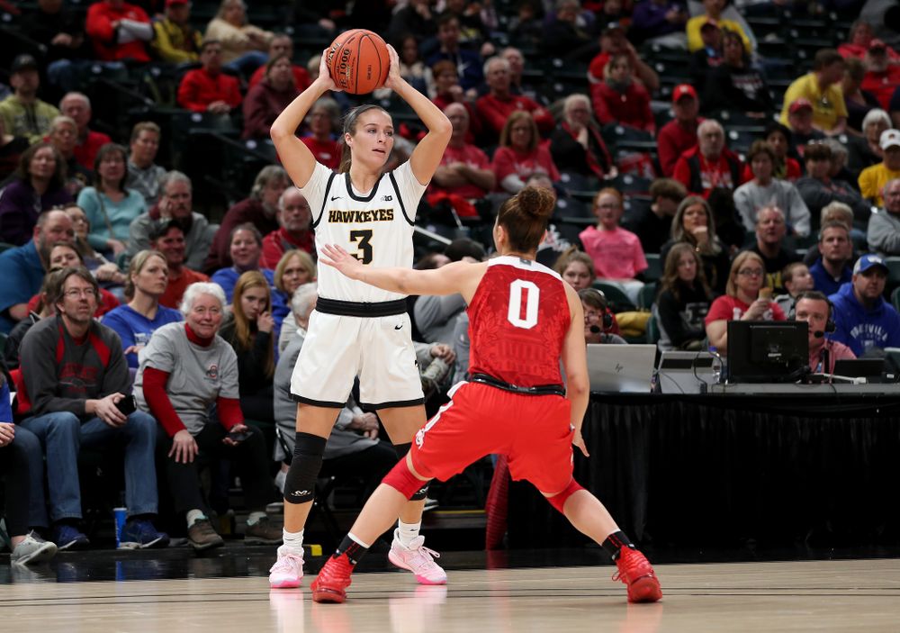 Iowa Hawkeyes guard Makenzie Meyer (3) against Ohio State in the quarterfinals of the Big Ten Basketball Tournament Friday, March 6, 2020 at Bankers Life Fieldhouse in Indianapolis. (Brian Ray/hawkeyesports.com)