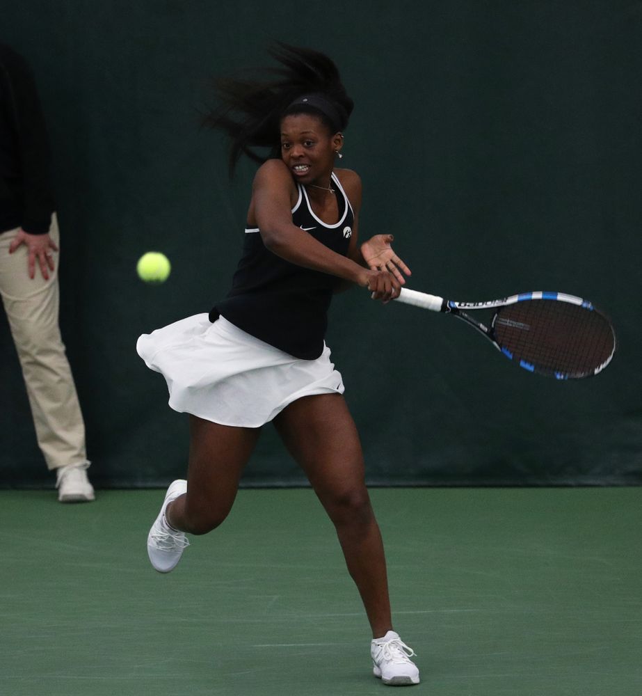 Iowa's Adorabol Huckleby during a doubles match against North Texas Sunday, January 20, 2019 at the Hawkeye Tennis and Recreation Center. (Brian Ray/hawkeyesports.com)
