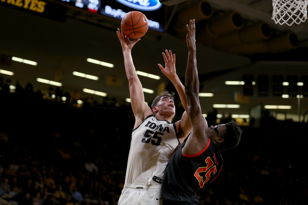 Iowa Hawkeyes forward Luka Garza (55) puts up a shot against the Maryland Terrapins Friday, January 10, 2020 at Carver-Hawkeye Arena. (Brian Ray/hawkeyesports.com)