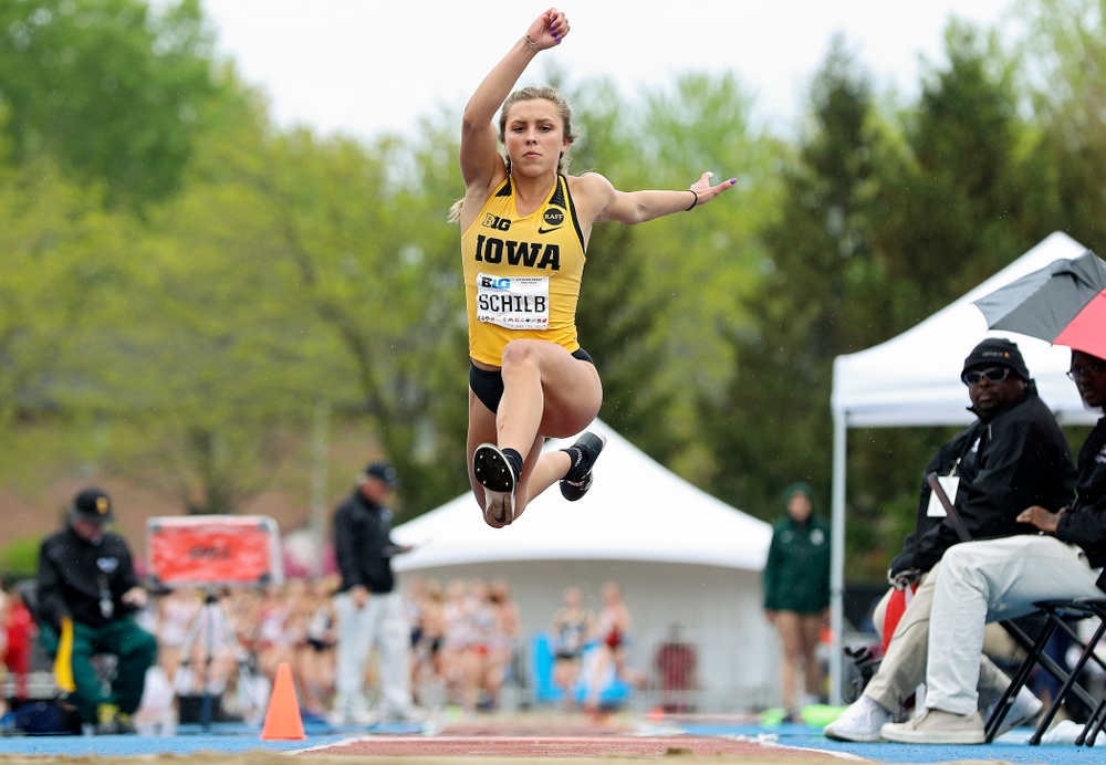 Iowa's Hannah Schilb in the women’s triple jump event on the third day of the Big Ten Outdoor Track and Field Championships at Francis X. Cretzmeyer Track in Iowa City on Sunday, May. 12, 2019. (Stephen Mally/hawkeyesports.com)