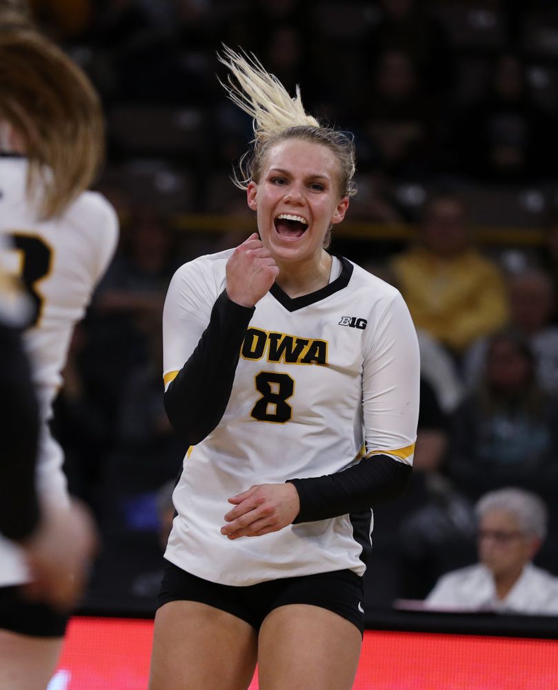 Iowa Hawkeyes right side hitter Reghan Coyle (8) against the Ohio State Buckeyes Saturday, November 24, 2018 at Carver-Hawkeye Arena. (Brian Ray/hawkeyesports.com)