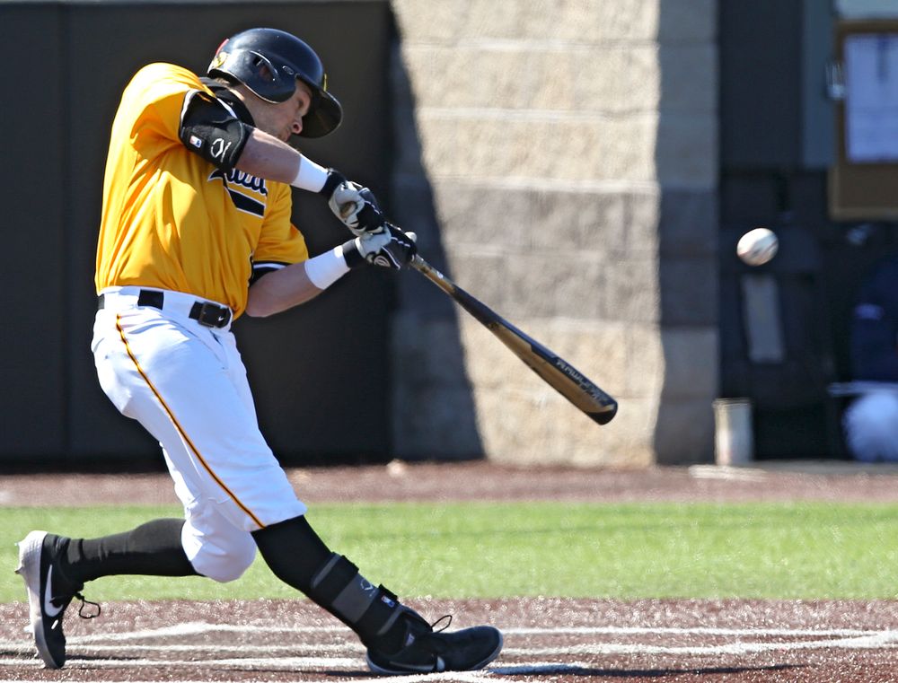 Iowa Hawkeyes second baseman Mitchell Boe (4) bats during the fourth inning against Illinois at Duane Banks Field in Iowa City on Sunday, Mar. 31, 2019. (Stephen Mally/hawkeyesports.com)
